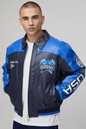 Boohooman Mens Boxy Fit Textured PU Homme Star Varsity Jacket - Blue - Size X-Large