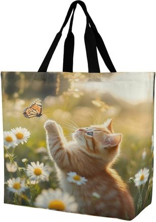 Generic Cat Butterfly Daisy Flowers Large Reusable Shopping Bag Lightweight Foldable Tote Bags Washable Shoulder Handbag