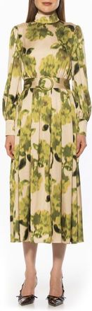 Alexia Admor Safiya Long Sleeve Belted Fit & Flare Dress in Green Floral at Nordstrom, Size 14