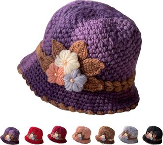 Generic Winter Flower Knitted Hat for Elderly, Soft Fleece Lined Crochet Beanie, Warm and Stretchy Cold Weather Cap (Purple,One Size)