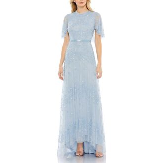 Mac Duggal Womens Sequined High Neck Flutter Sleeve A Line Gown in Powder Blue at Nordstrom, Size 16