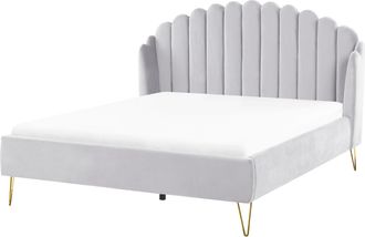 Beliani Cama Con Somier De Terciopelo Gris Claro Dorado 160 X 200 Cm Cabecero Ambillou