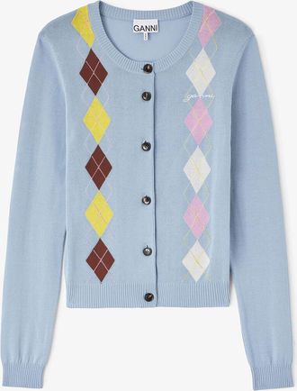 Ganni Blue Cardigan in Argyle - Size XS Organic Cotton
