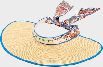 Etro Logo Straw Visor with Paisley-Print Ties