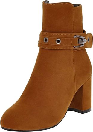 Generic Winter Ladies Fashion Suede Ankle Boots with Belt Buckle Side Zipper Closure and Thick High Heel for Stylish Comfort (Brown, 5. 5)