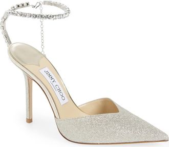 Jimmy Choo London Saeda Glitter Crystal Ankle Strap Pointed Toe Pump in Ice/Crystal at Nordstrom, Size 6.5Us