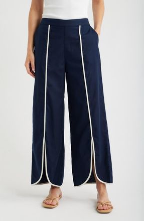Nic+Zoe Piped High Waist Split Hem Cotton & Linen Pants in Dark Indigo at Nordstrom, Size 12