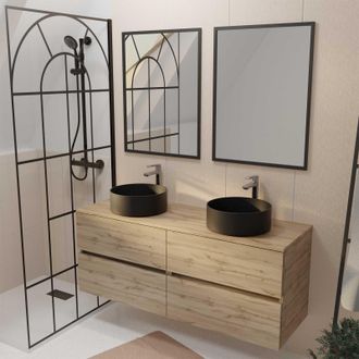 Aurlane Aurlane - Mueble Ba&ntilde;o 120cm 4 Cajones Roble, Lavabos Negros &Oslash;36cm, 2 Espejos 60x80