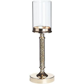Beliani Portavelas De Metal Dorado Pantalla De Cristal 41 Cm Centro De Mesa Decoraci&oacute;n Glamour Abbeville