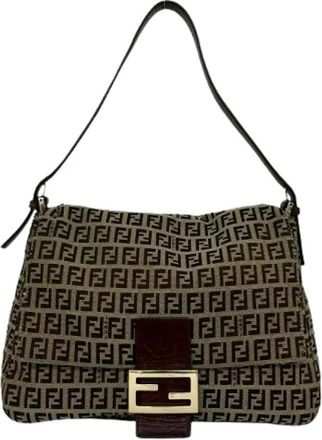 Fendi Pre-owned Shoulder Bags, female, Brown, Size: ONE SIZE Pre-owned Zucchino Canvas Leather Shoulder Bag