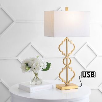 Jonathan Y Designs Selina 32 Iron Ogee Trellis Modern LED USB Table Lamp