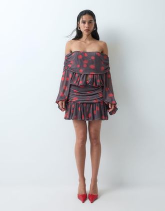 Asos Vestito corto nero con stampa a pois, scollo profondo e maniche a campana-Multicolore