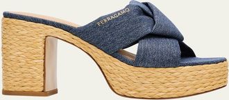 Ferragamo 85mm Douglas Platform Denim Mule Sandals