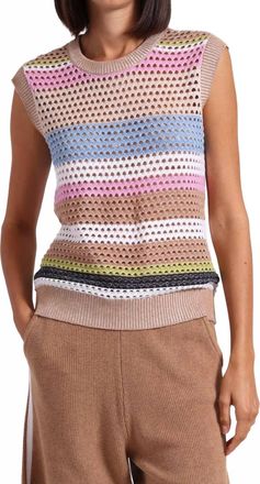 Minnie Rose Cotton Cashmere Plaited Mesh Stripe Muscle Tank Top In Camel Multi