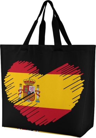 Generic Heart of Spain Flag Reusable Shopping Bags One Shoulder Grocery Tote Bag Waterproof Big Purse for Work Travel