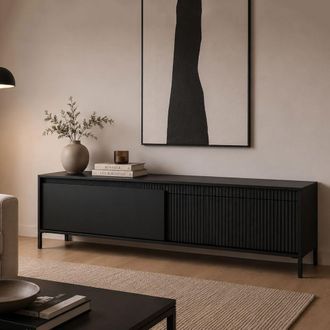 Dmora Mueble Para Tv Kameza, Un Estante, 2 Puertas, Puertas Con Efecto Estriado, 154x40x53h Cm Negro