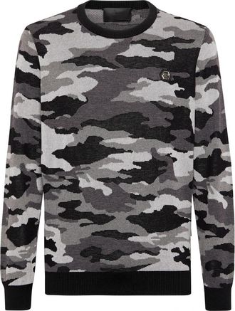 Philipp Plein Pullover Ronde Hals Camouflage - Heren - Ronde hals truien - Grijs - L - Wol - Truien & Vesten