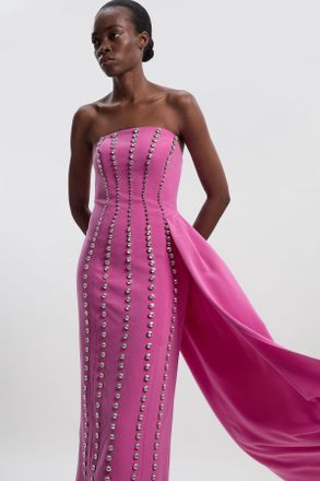 Karen Millen Womens Tall Crystal Embellished Woven Plunge Detail Maxi Dress - Rose - Size 12 UK