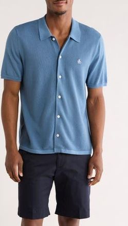 Original Penguin Honeycomb Short Sleeve Cotton Piqu&eacute; Button-Up Shirt in Copen Blue at Nordstrom Rack, Size Xx-Large