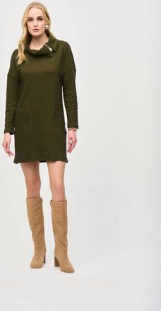 Joseph Ribkoff Zipper Collar Long Sleeves Mini Cocoon Dress In Olive/black