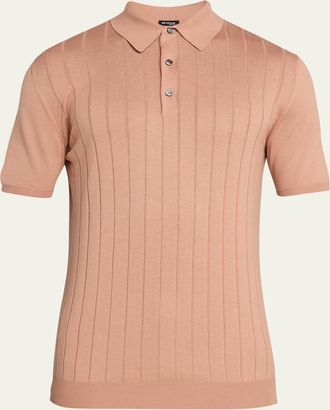 Kiton Mens Wide Rib Sea Island Cotton Polo Sweater