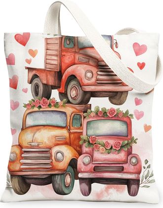 Generic Vintage Truck Canvas Tote Bags, Floral Heart Pattern Reusable Grocery Bags, Spring Chic Lightweight Washable Shoulder Strap Canvas for Travel 13x15 In