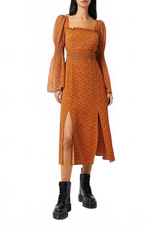 French Connection Francine Callie Smock Midi Dress In Leather Brown Multi