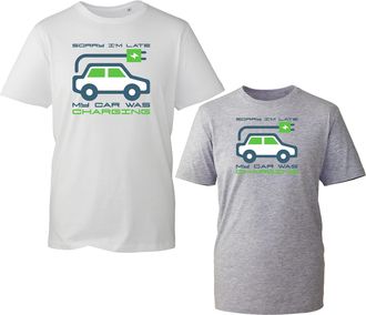Generic Sorry Im Late My Car was On Charging T-Shirt Funny Electric Vehicles Lovers Joke Car Meme Adult Kids Unisex Tee Top (Heather Grey, M)