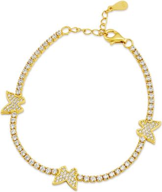 Savvy Cie Jewels GOLD PLATED OVER STERLING SILVER.925 PAVE BUTTERFLY WHITE CZ STATION BRACELET