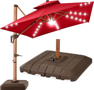Best Choice Products 10ft Square Woodgrain Pattern 2-Tier Outdoor Solar LED Cantilever Umbrella w/ Base