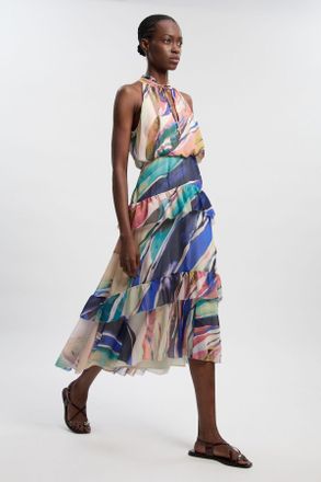 Karen Millen Womens Marble Print Crinkle Chiffon Halter Neck Woven Maxi Dress - Multicolour - Size 14 UK