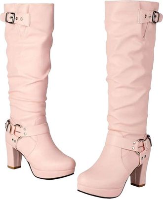 Generic Womens Pleated Knee High Boots Buckle Strap Long Heel Boots Casual Footwear