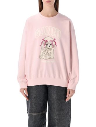 Ganni Pink Crewneck Rhinestone Printed Sweatshirt