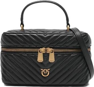Pinko Handbag in Black Leather, Quilted with Handle and Adjustable Shoulder Strap, Zipper Closure, 23 x 14 x 8.5 cm, Antique Gold Galvanic