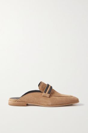 Brunello Cucinelli Slipper In Pelle Scamosciata Con Perline - Neutri