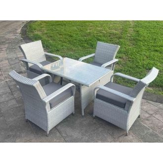 Fimous Light Grey Rattan Rectangular Dining Table and 4 Chairs Set Outdoor Garden furniture Set with Seat Cushion - Fimous