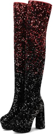 Generic Womens Round Toe Over The Knee Boots Glitter Thigh High Boot with Side Zipper Block High Heel Evening Party Prom Shoes,Black,5.5 UK