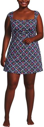 Lands End Chlorine Resistant Square Neck Ruched Swim Dress One Piece Swimsuit in Cherries/deep Sea Navy Plaid at Nordstrom, Size 26W