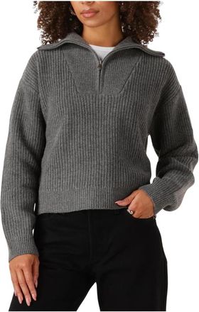 Envii Donkergrijze Half Zip Gebreide Trui - Dames - Coltruien - Grijs - XL - Wol - Truien & Vesten