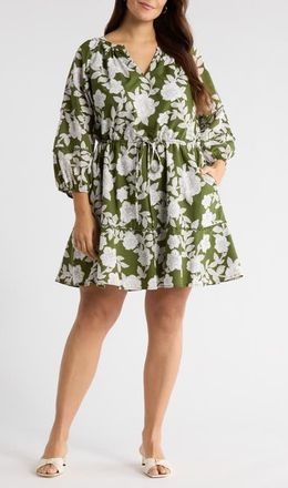 Sugarlips Dabria Hizley Floral Long Sleeve Cotton Dress in Cream-Green at Nordstrom, Size 1X