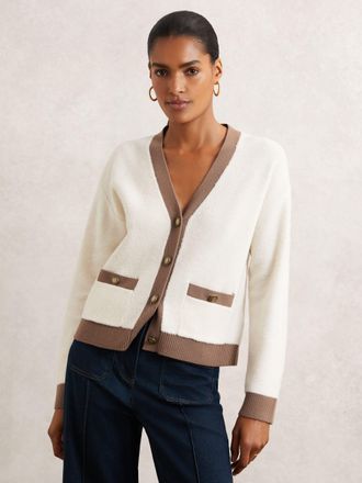 Reiss Cream & neutral Wool Colourblock Cardigan, S