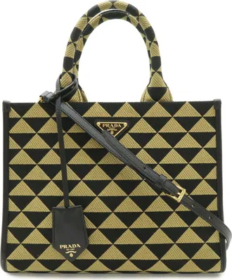 Prada Beige Black Nero Jacquard Leather Handbag Tote Bag (Pre-Owned)