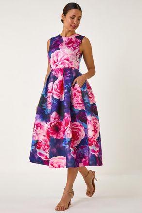 Roman Rose Print Pleated Premium Stretch Midi Dress
