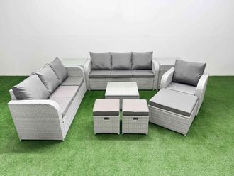 Fimous 10 Seater Poly Rattan Outdoor Garden Furniture Square Coffee Table Sofa Set Patio 3 Seater Sofa Reclining Chair 3 Seater Sofa 3 Stools 2 Side
