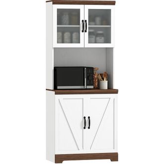 HOMCOM Alacena De Cocina Mueble Auxiliar De Cocina Con 2 Puertas De Vidrio Estantes Ajustables Y Compartimentos Abiertos 72x40x178 Cm Blanco - Homcom
