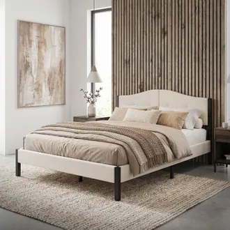 ML Design Ml-design Cama Tapizada Doble 140x200 Cm Estructura Con Cabecero Y Somier Robusto De L&aacute;minas Con Armaz&oacute;n De Acero Y Tejido De Lino Beige, Base Para Do