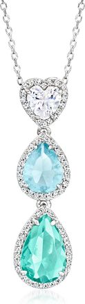 Ross-Simons CZ Heart Pendant Necklace With Green Simulated Tourmaline and Simulated Aquamarine