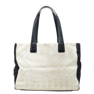 Chanel Beige Black Nylon Leather Handbag Tote Bag (Pre-Owned)