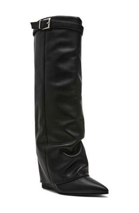 Steve Madden Corenne Foldover Shaft Pointed Toe Knee High Boot in Black Leat at Nordstrom Rack, Size 8 Regular Calf