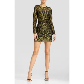 Dress The Population Stassi Metallic Brocade Long Sleeve Cocktail Minidress in Black-Gold at Nordstrom, Size Xx-Large